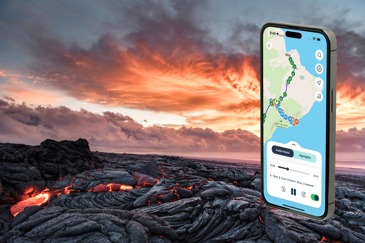 Shaka Guide app on iPhone showing a Big Island driving tour map with lava flows in the background
